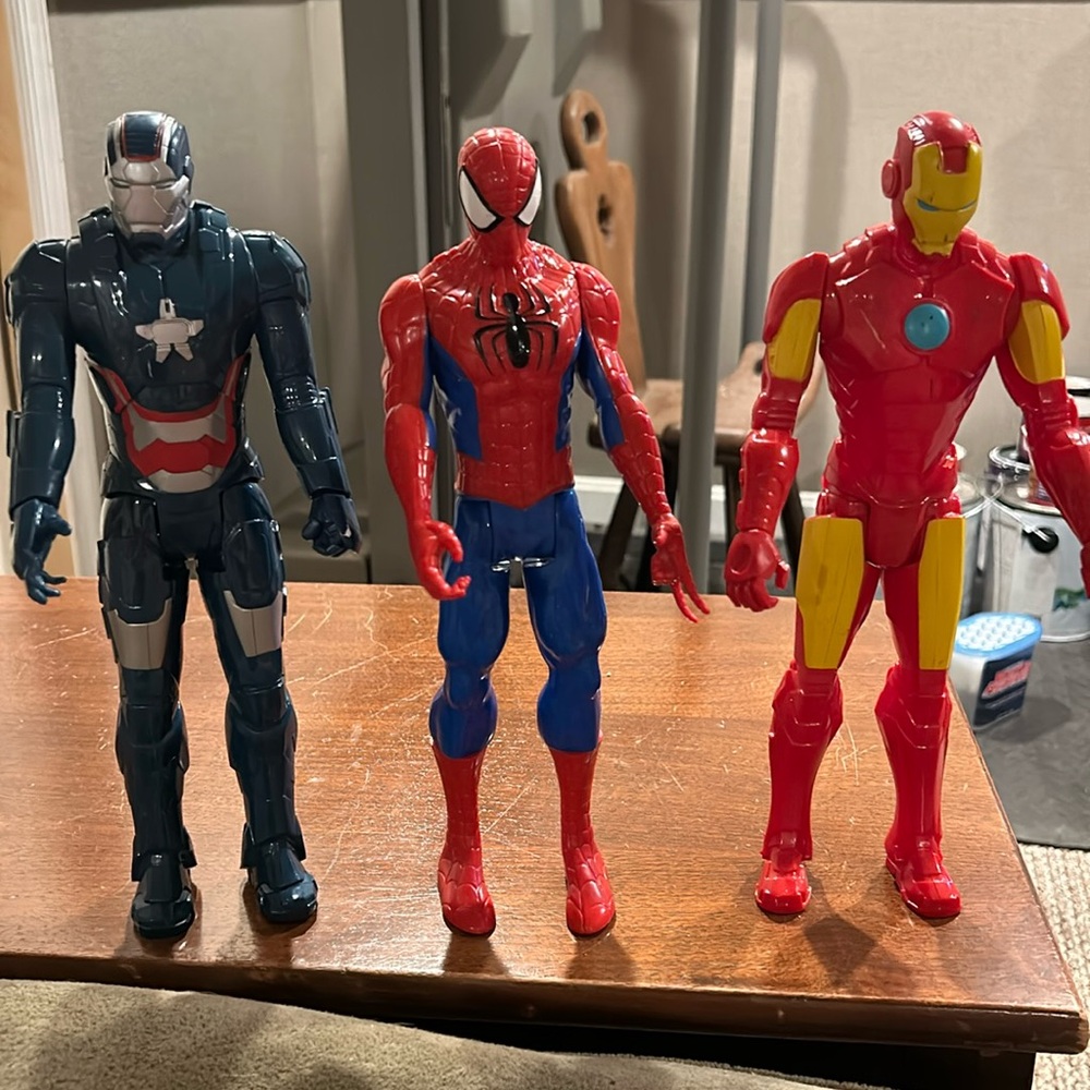 Captain America, Spider-Man and Iron Man, poseable action figures. 11” tall